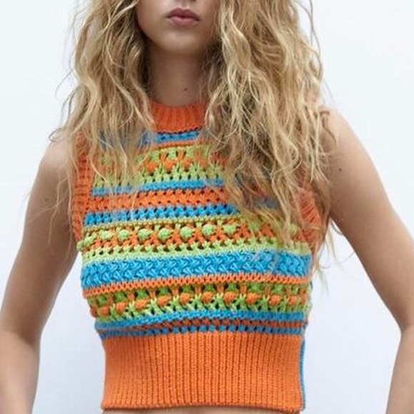 Zara Sweaters - ZARA Multicolor Crochet Knit Cropped Vest Sweater Top